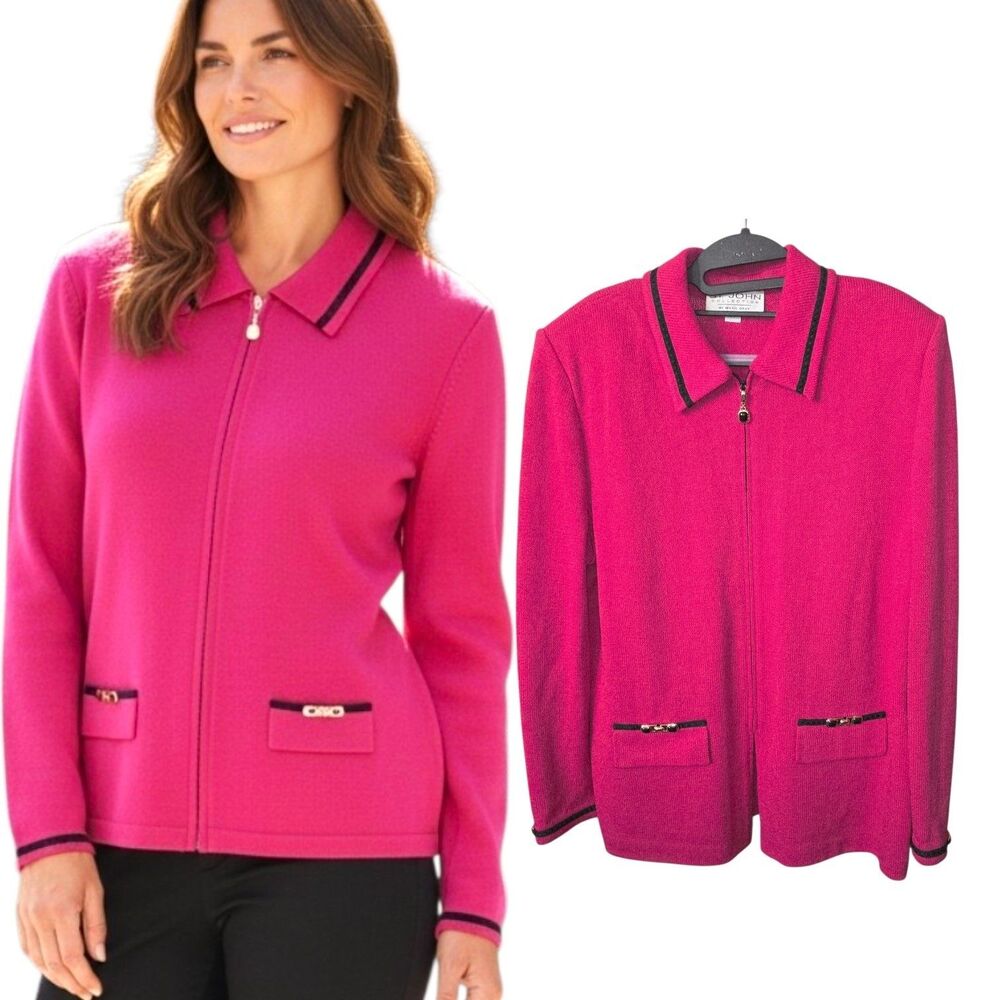 ST JOHN MARIE GRAY Vtg Sz 14 Hot Pink Blk Trim Metal/Gem Santana Knit Zip Blazer
